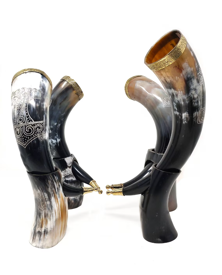 Thors Hammer Engraved Drinking Horn with Stand