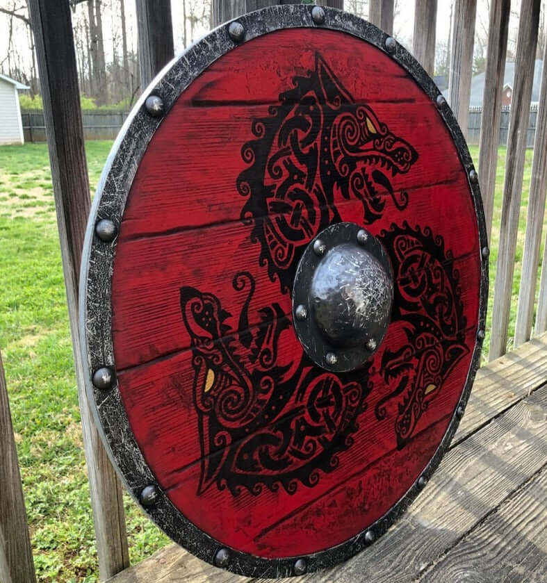 Authentic Battle-worn Viking Shield With Fenrir Wolf