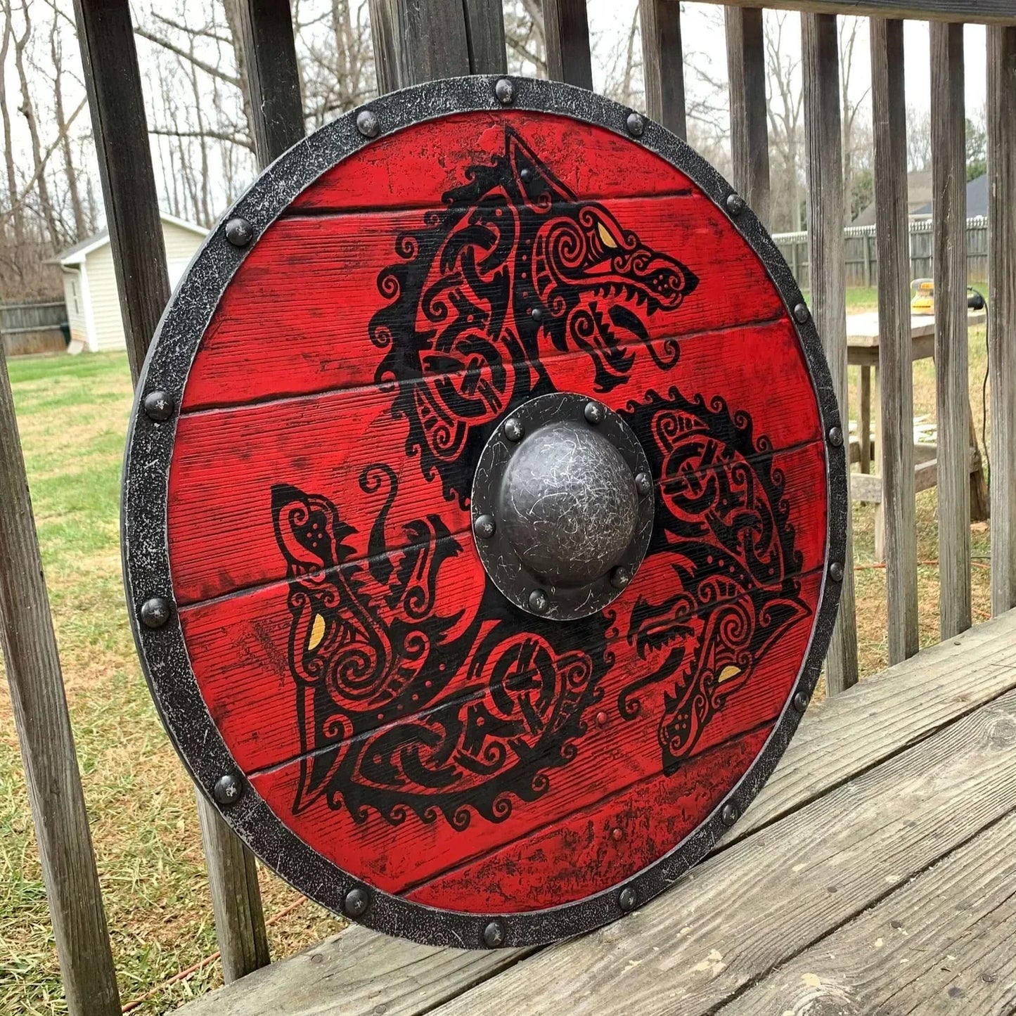 Authentic Battle-worn Viking Shield With Fenrir Wolf