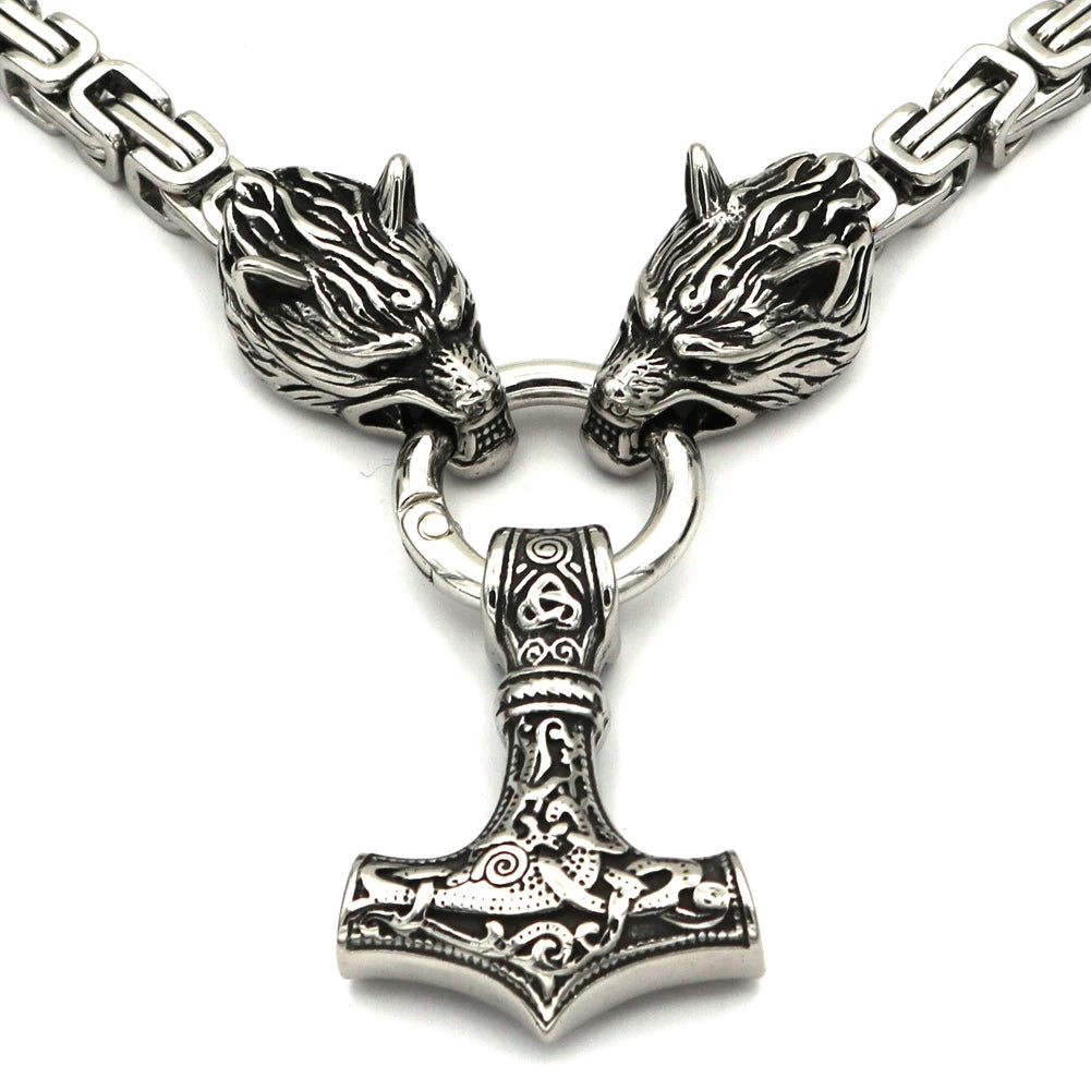 King Chain With Mjolnir Pendant Held By Wolves Heads