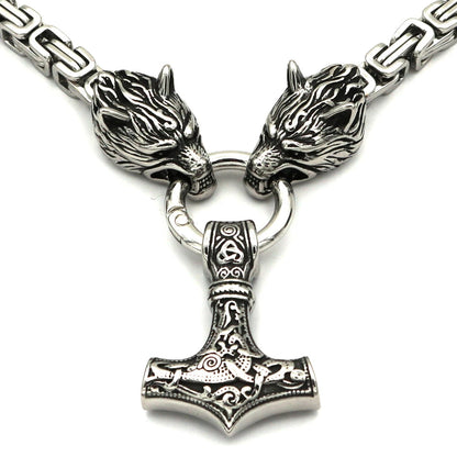 King Chain With Mjolnir Pendant Held By Wolves Heads