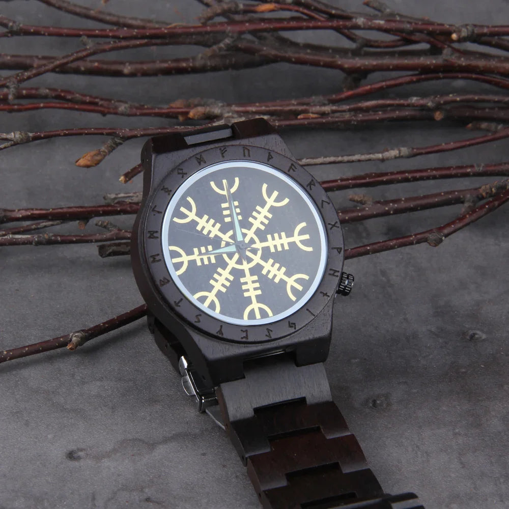 Handmade Woode Runic Circle Quartz Viking Watch