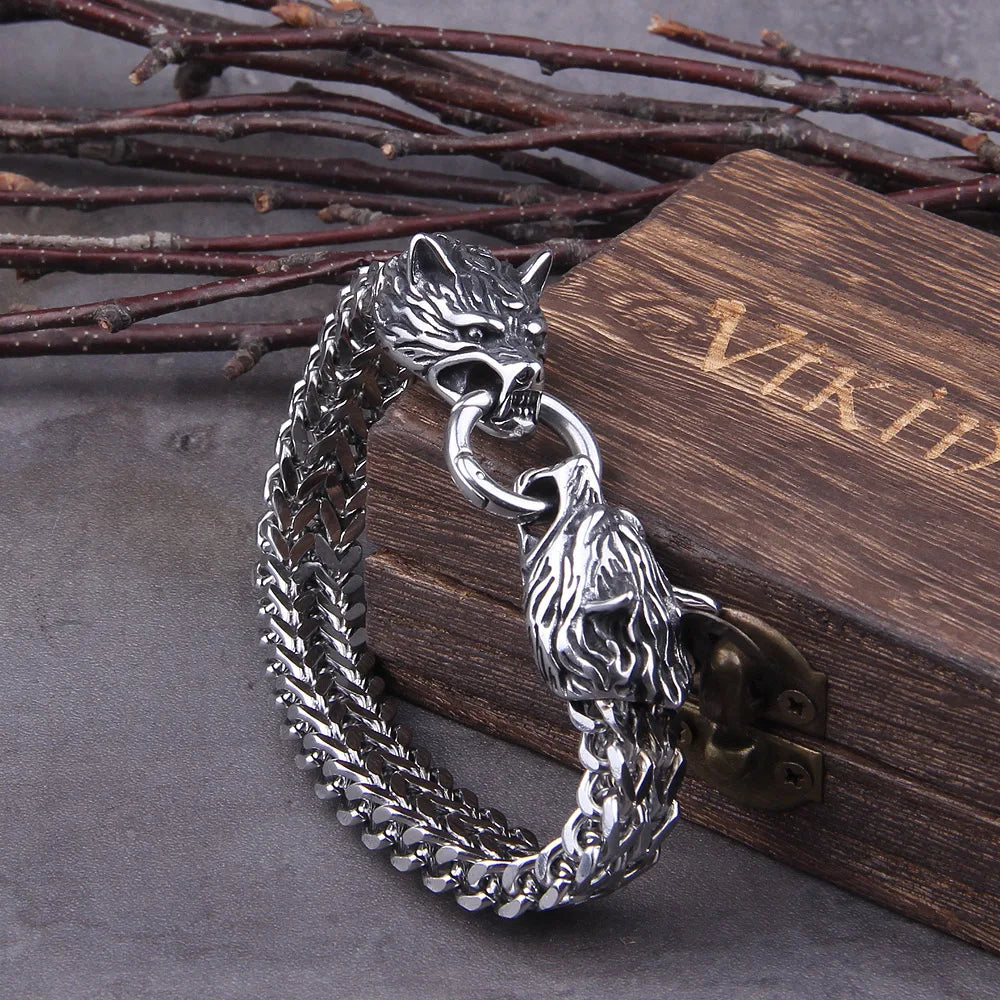 Viking Wolf Bracelet Stainless Steel Mesh Chain