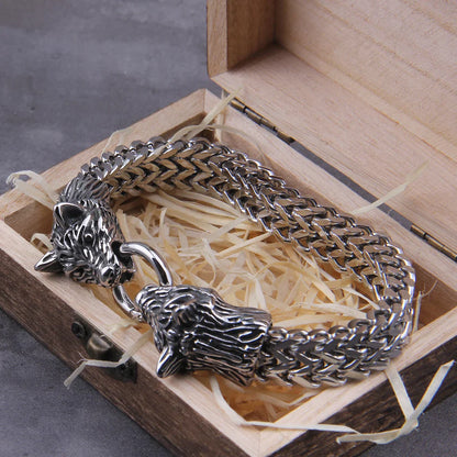 Duoble Wolf Head Charm Viking Bracelet