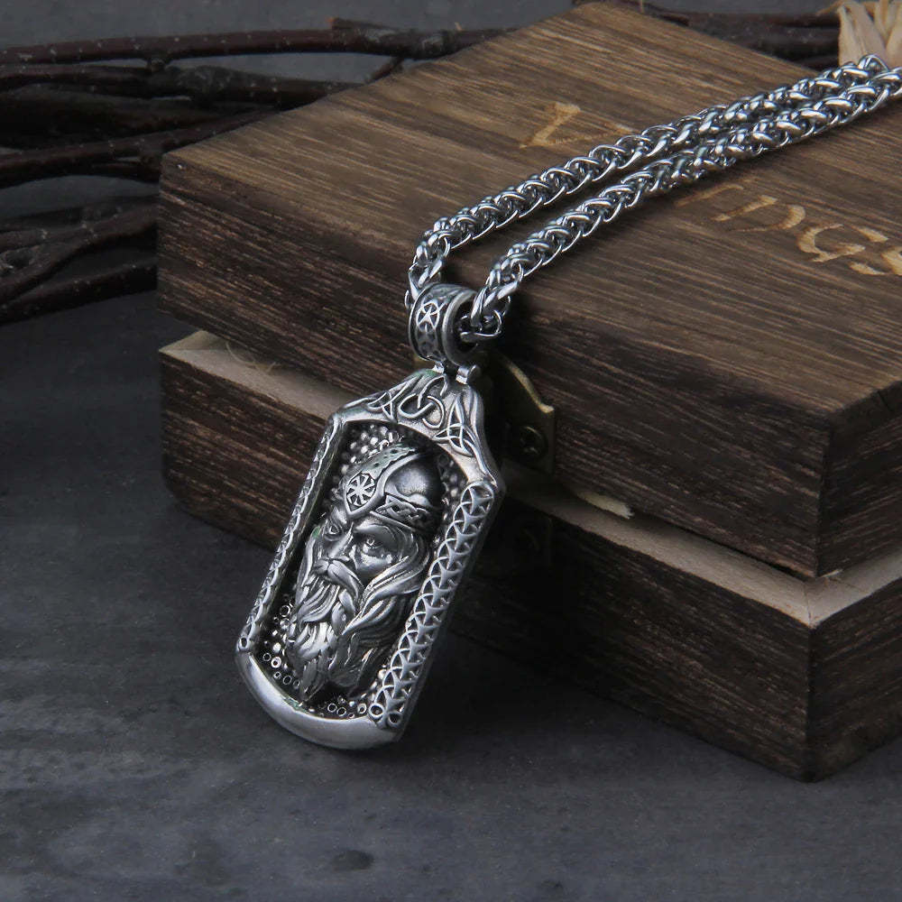 Sterling Silver Odin frame with chain and Viking wooden box