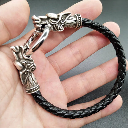 Viking Runes Beads Wolf Head Bracelet Leather