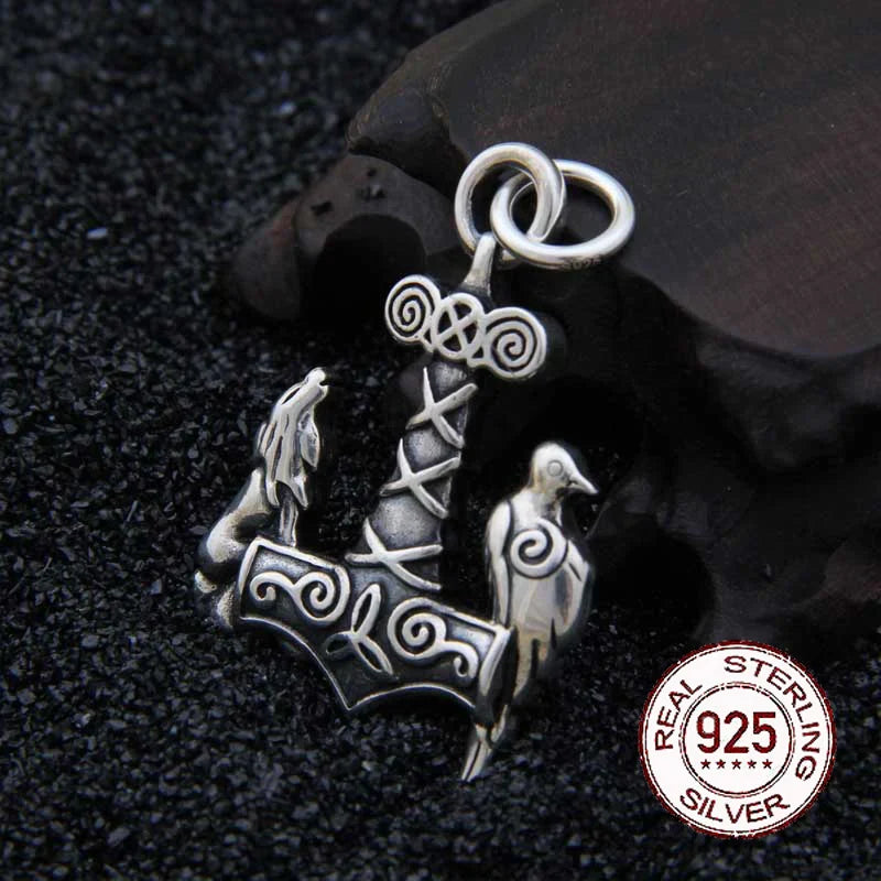 Sterling Silver Viking wolf and raven thor's hammer necklace with real leather and keel chain