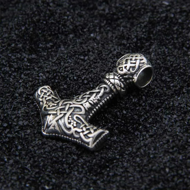 Sterling Silver Viking wolf thor's hammer necklace with real leather and keel chain