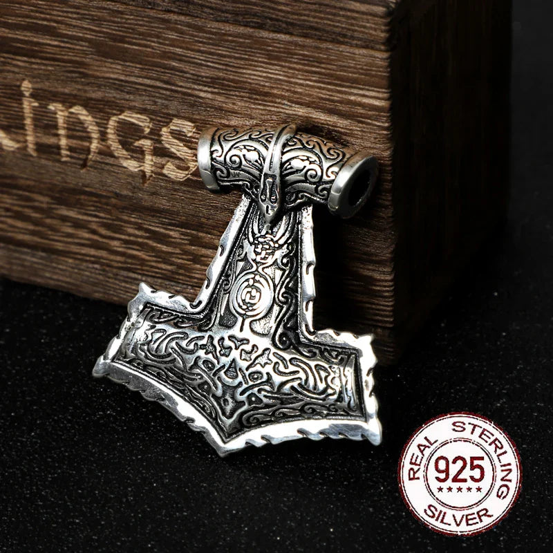 sterling silver Viking raven thor's hammer necklace with keel necklace and real cow leather and wood box