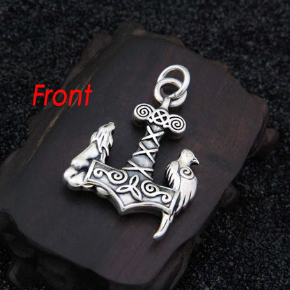 Sterling Silver Viking wolf and raven thor's hammer necklace with real leather and keel chain