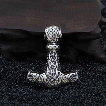 Sterling Silver Viking wolf thor's hammer necklace with real leather and keel chain