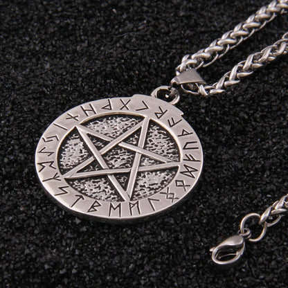 sterling silver Norse Rune pendant and Magic pentagram with leather necklace or keel chain