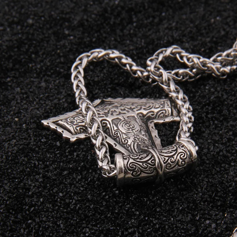 sterling silver Viking raven thor's hammer necklace with keel necklace and real cow leather and wood box