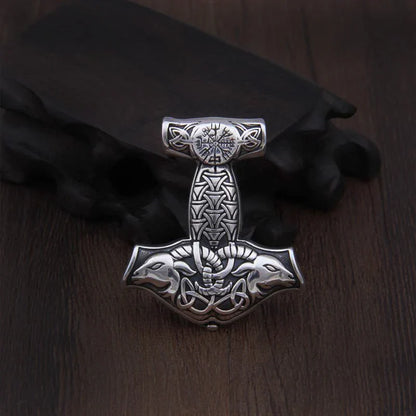 Sterling Silver Viking Goat Viking Thor hammer Necklace with real leather and keel chain