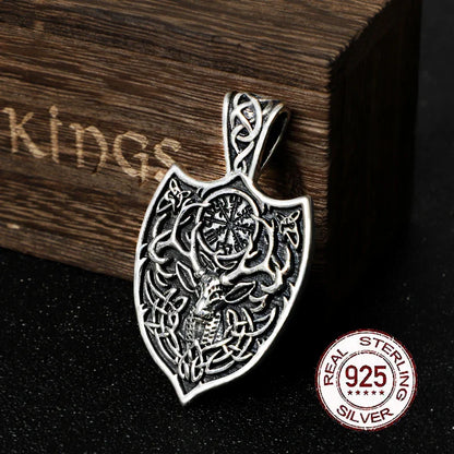 sterling silver viking Deer necklace with real leather and chain