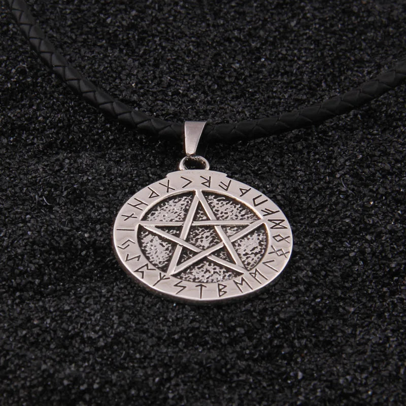 sterling silver Norse Rune pendant and Magic pentagram with leather necklace or keel chain