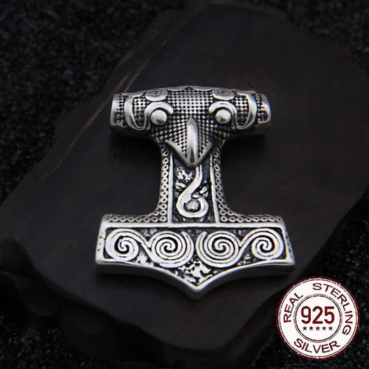 Sterling Silver Viking Raven thor hammer necklace with cow leather and keel chain