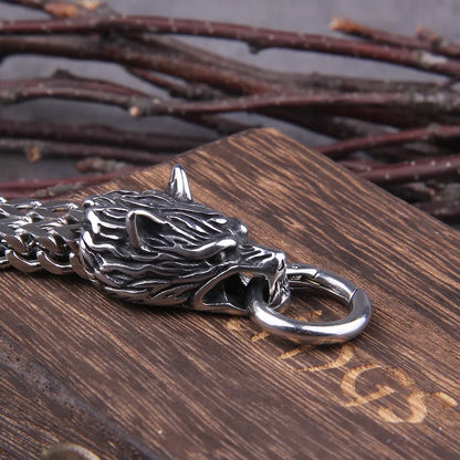 Duoble Wolf Head Charm Viking Bracelet