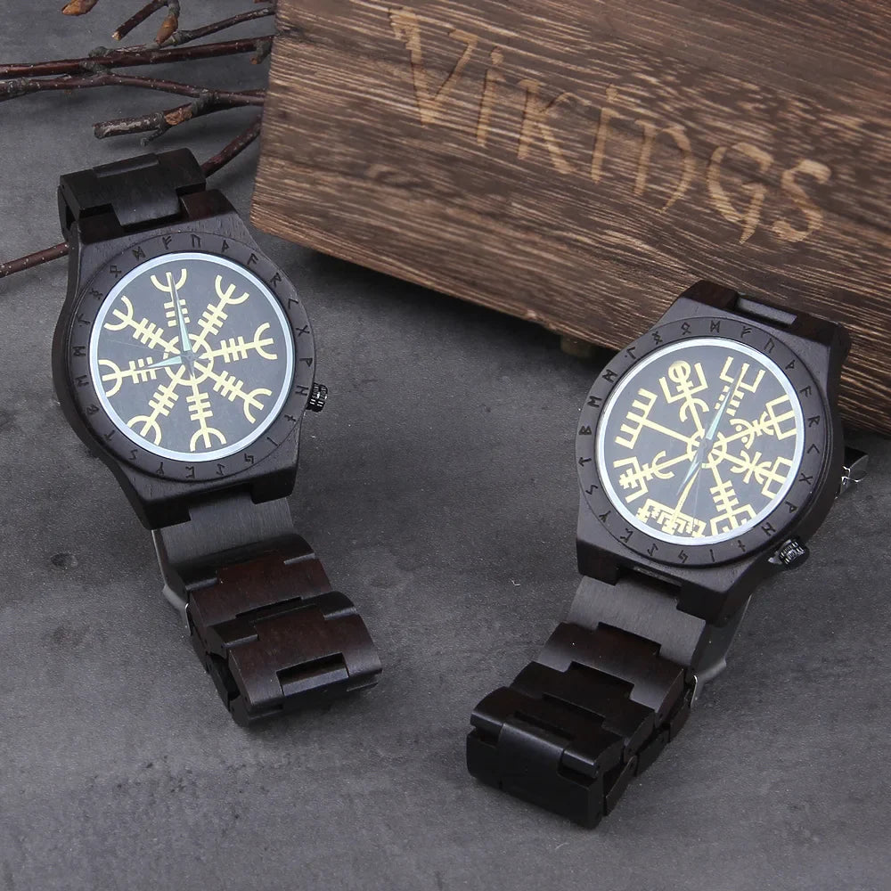 Handmade Woode Runic Circle Quartz Viking Watch