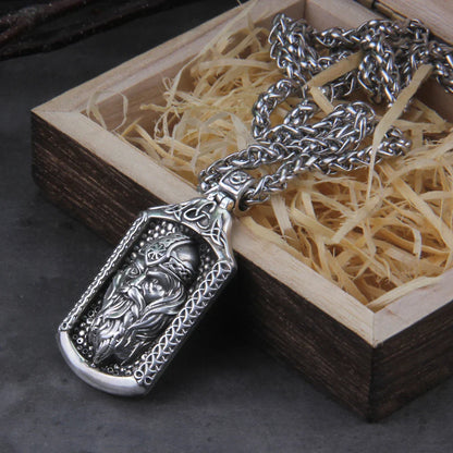 Sterling Silver Odin frame with chain and Viking wooden box