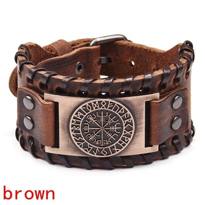 Viking Wide Leather Compass Bracelet