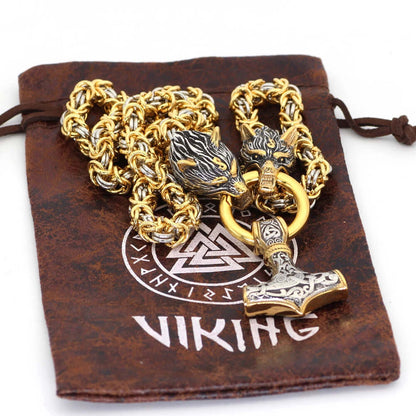 Gold Trimmed King Chain With Twin Wolf Heads Holding Mjolnir Pendant