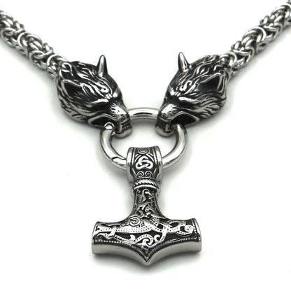 King Chain With Mjolnir Pendant Held By Wolves Heads