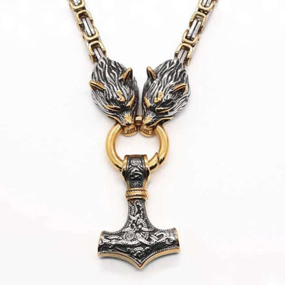 Gold Trimmed King Chain With Twin Wolf Heads Holding Mjolnir Pendant