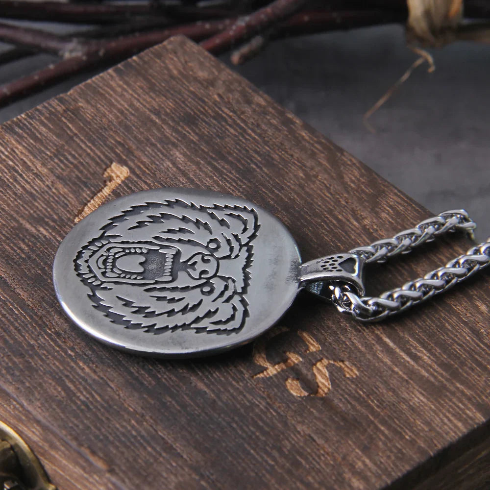 Never Fade Vintage Stainless Steel Norse Bear Paw And Head Animal Pendant Viking Necklace