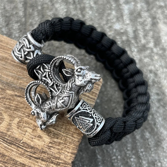 Norse Odin Goat Thor Hammer Mjolnir Runes Beads Paracord Viking Bracelet