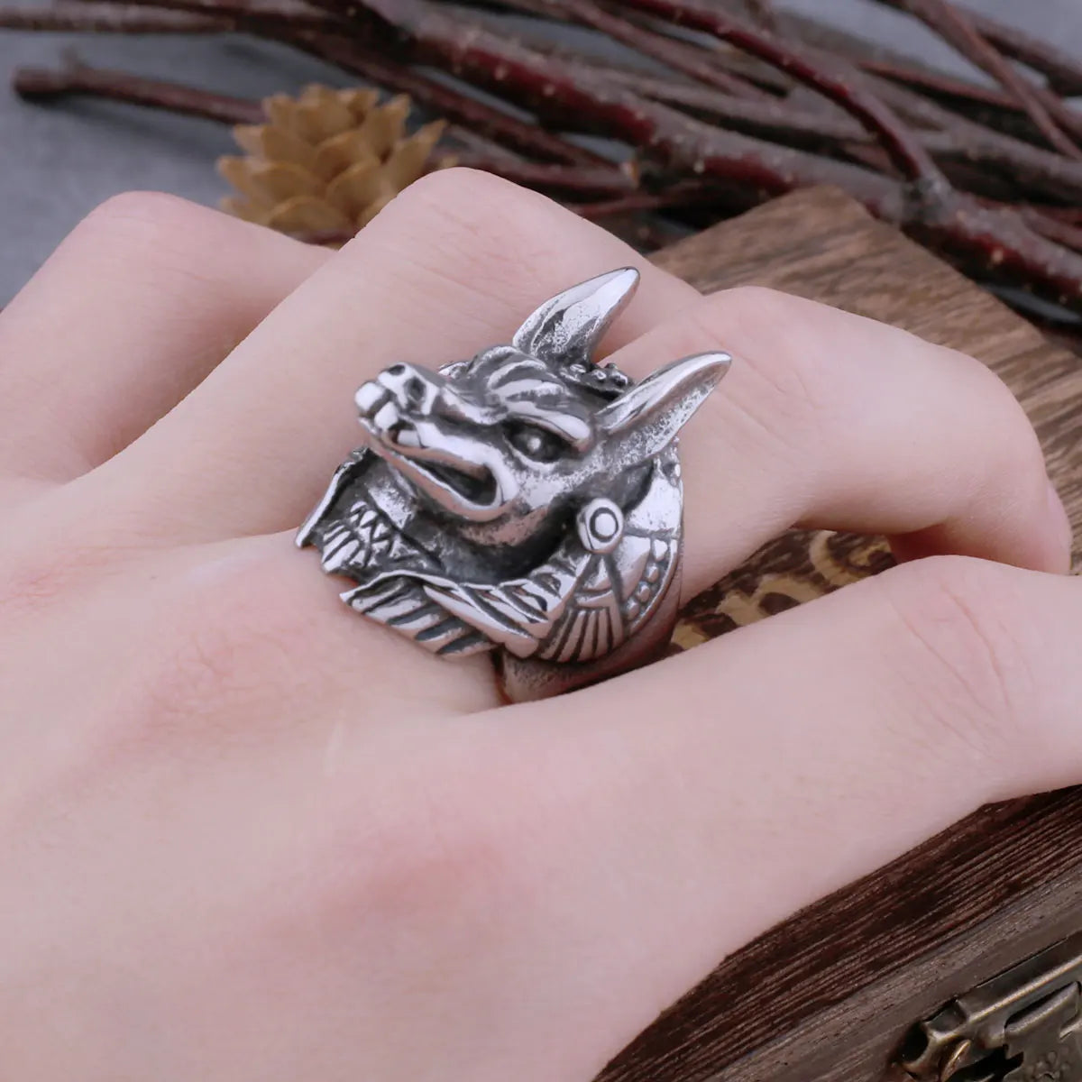 Stainless Steel Vintage Egyptian God Anubis Viking Ring