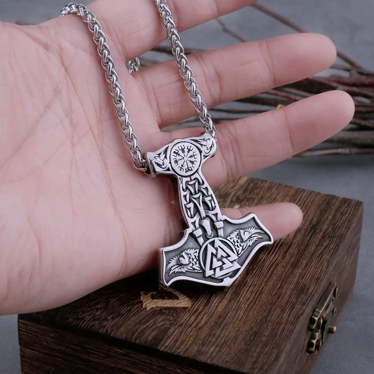 Stainless Steel Viking Thor's Hammer Mjolnir Wolf Head and Norse Rune Necklace