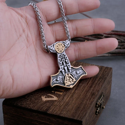 Stainless Steel Viking Thor's Hammer Mjolnir Wolf Head and Norse Rune Necklace