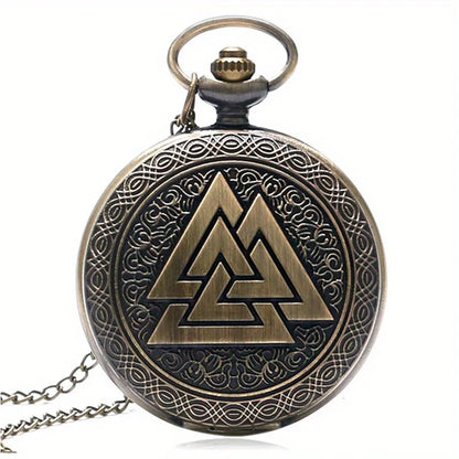 Antique Bronze Viking Triangle Sign Glass Cabochon Quartz Pocket Watch