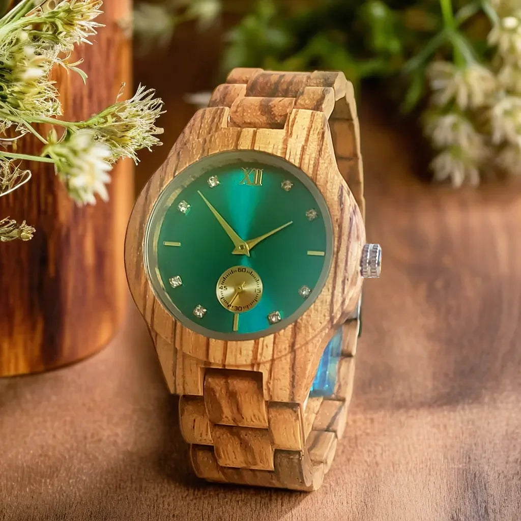 Women's Fashion Simulated Diamond Dia Clock Stylish simplicity Quartz Wooden Viking Watch