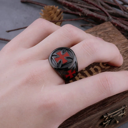 Christian Religious Red Cross Black Viking Ring