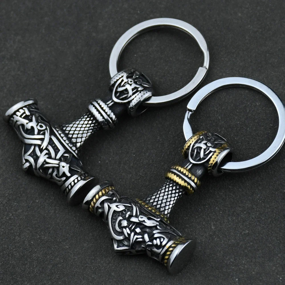 Norse Thor's Hammer Anchor Keychain Men Stainless Steel Vikings Keyring Mjolnir