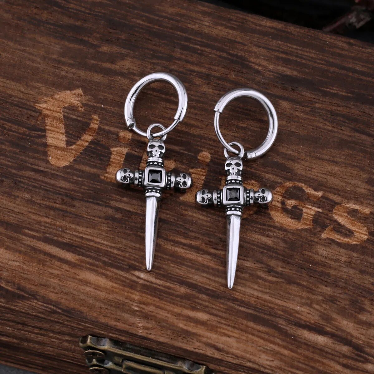 Diamond Cross Skull Viking Earrings