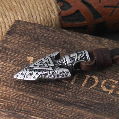 Valknut Viking Spear Pendant Necklace leather Chain Men with wooden box