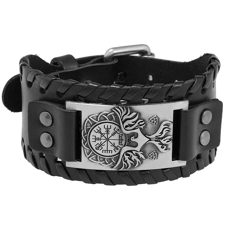 Viking Wide Leather Compass Bracelet