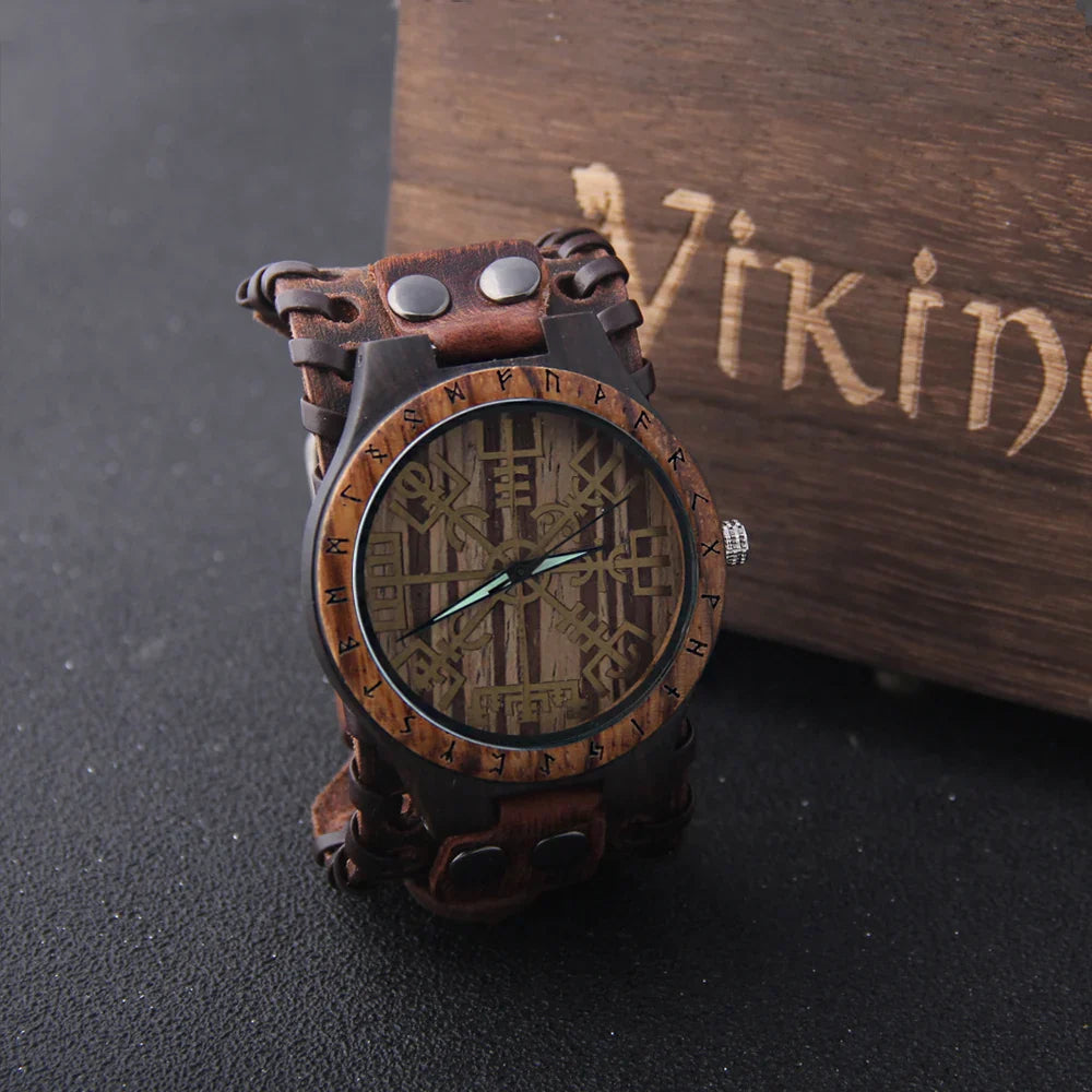 Handmade Woode Runic Circle Quartz Viking Watch