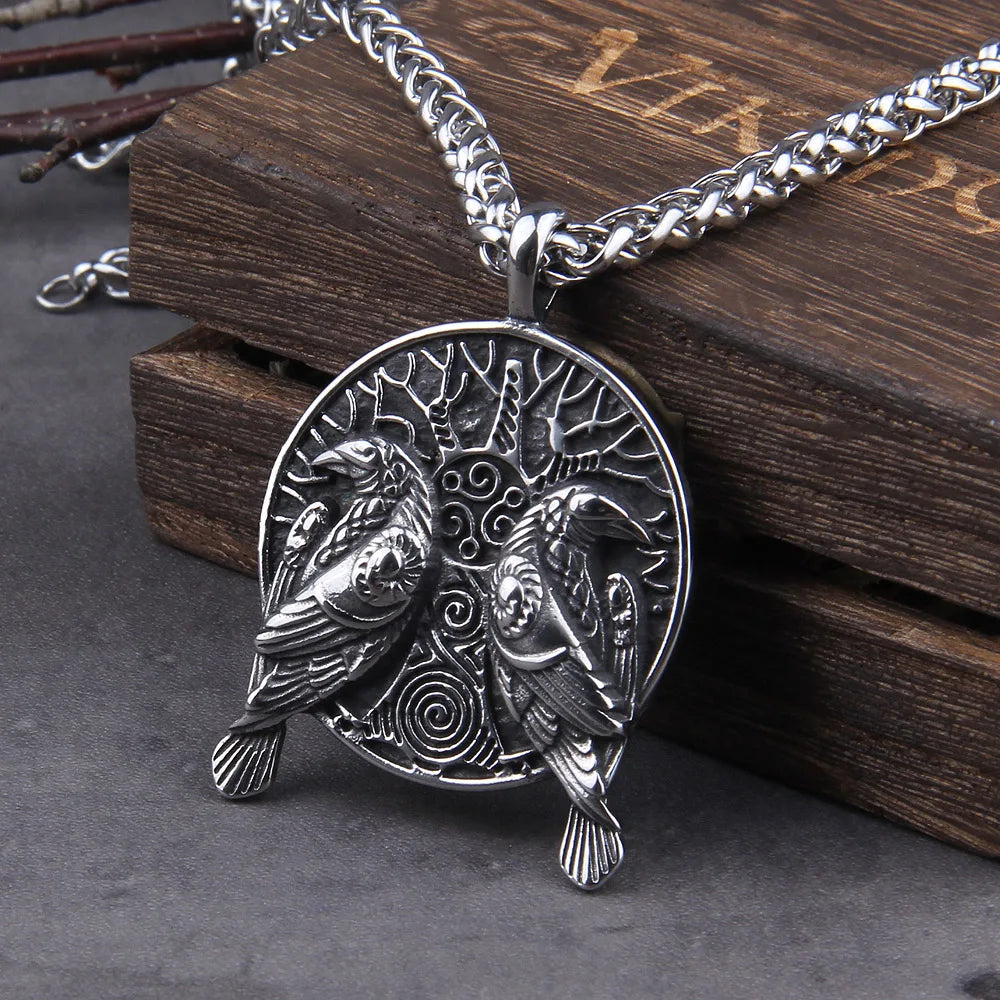 Norse Black Odin Huginn And Muninn Raven Pendant Viking Necklace