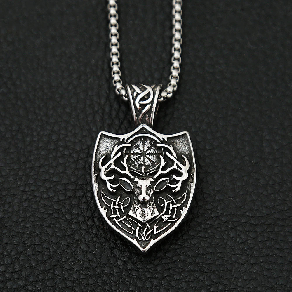 Nordic Deer Head Stainless Steel Viking Compass Necklace