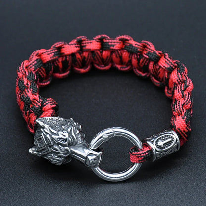 Stainless Steel Wolf Heads Bracelets Norse Vikings Runic Beads Paracord