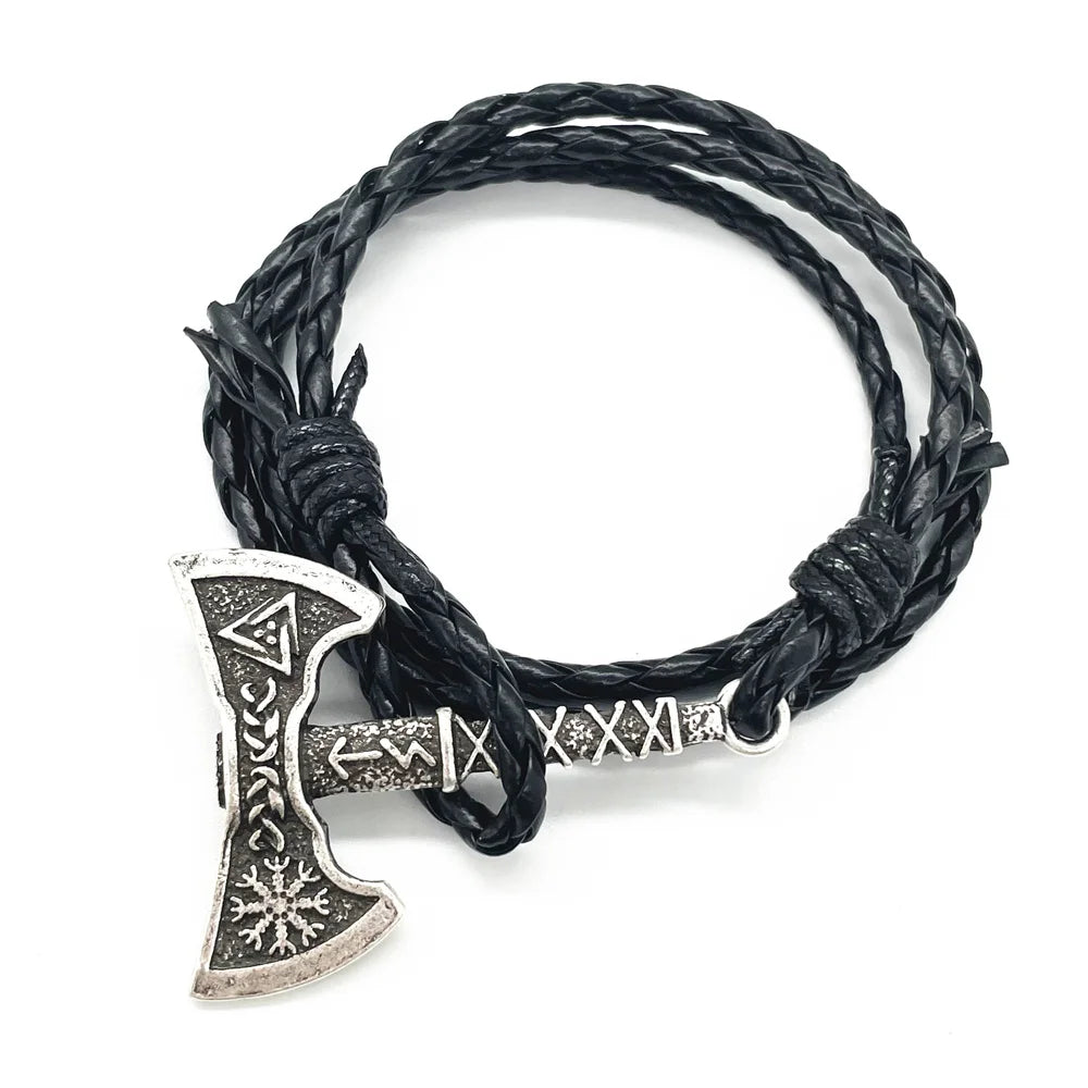 Viking Axe Charm Wolf Raven Amulet Slavic Kolovrat Norse Leather Braided Wrap Bracelet