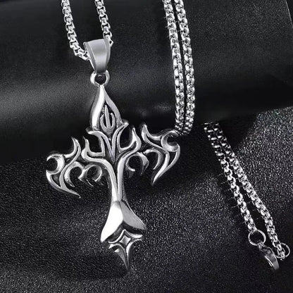 Stainless Steel Flame Cross Pendant Necklace for Men – Retro Titanium Steel Jewelry