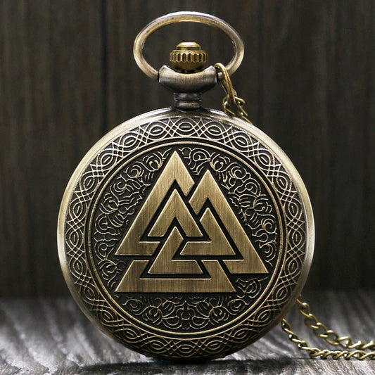 Valknut Norse Vikings Bronze Quartz Pocket Watch Necklace Chain Three Interlocking Fob