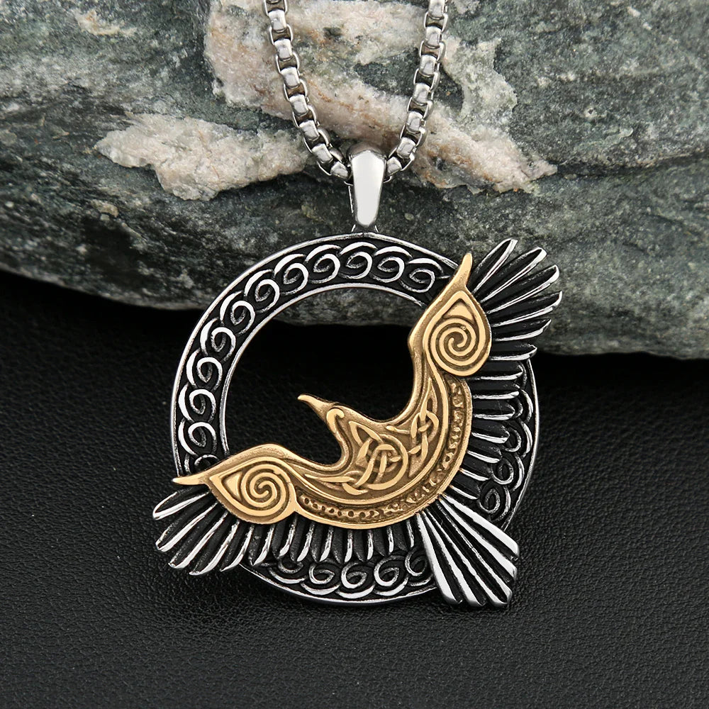 Norse Mythology Necklace Stainless Steel Viking Odin Raven Pendant