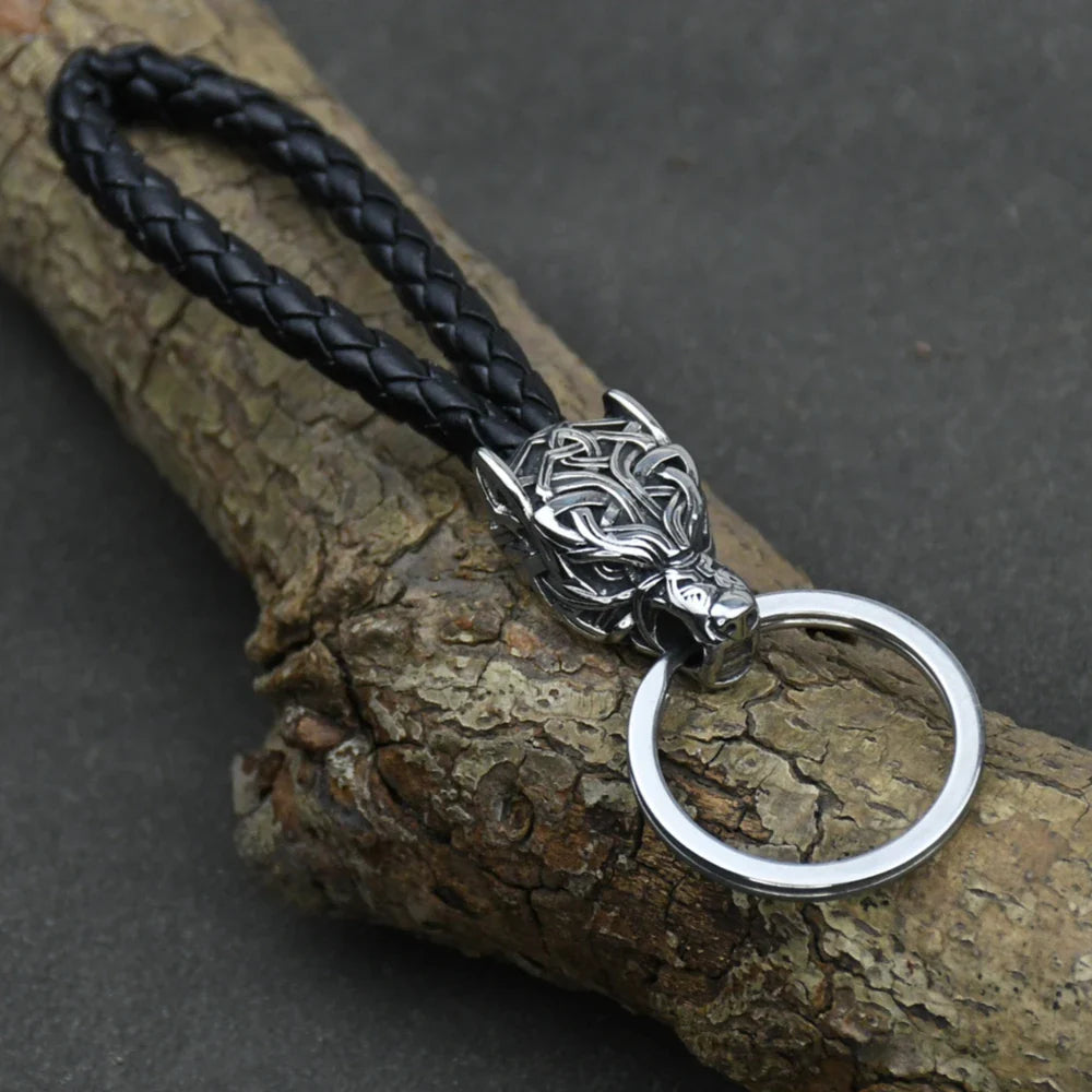 Vikings Wolf Head Stainless Steel Keyring Black leather