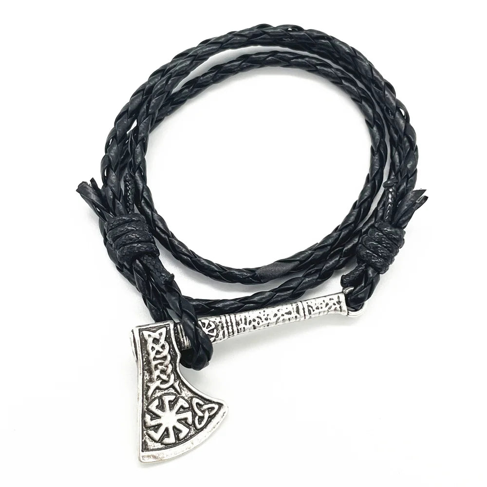 Viking Axe Charm Wolf Raven Amulet Slavic Kolovrat Norse Leather Braided Wrap Bracelet